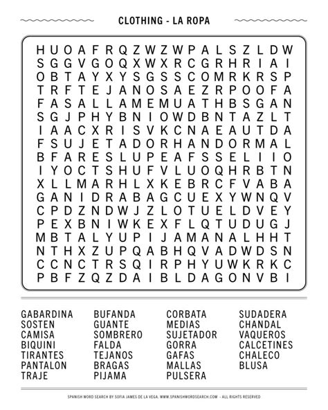 Spanish Clothes Word Search Find Clothing Vocabulary In Spanish