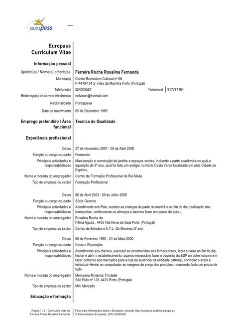 Europass Curriculum Vitae Portugues Exemplo Preenchido