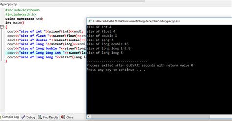 C Program To Display Size Of Different Datatype