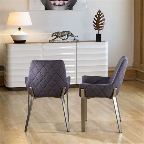 Set Of 2 Modern Carver Dining Chairs With Arms Metal Dark Grey Fabric