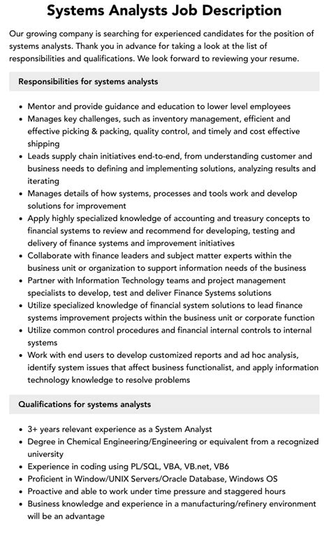 Systems Analysts Job Description Velvet Jobs