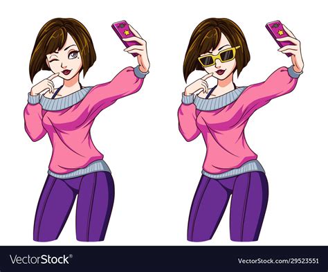 Sexy Cartoon Girl Takes A Selfie Girl In Pink Vector Image