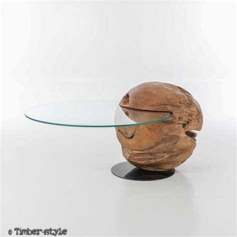 Timberstyle Salontafel Teak Ball Hout Glas En Metaal Rond Bol