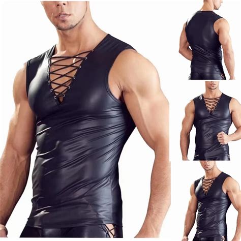 Mens Sexy Faux Leather T Shirt Tops Faux Leather Solid Color Nightclub