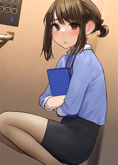 Safebooru 1girl 0 Bangs Black Legwear Black Skirt Blue Shirt Blush Brown Eyes Brown Hair