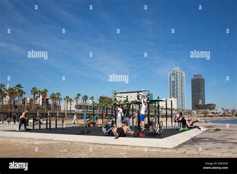 Public Gym On The Beach In Barcelona Spain Stock Photo Alamy