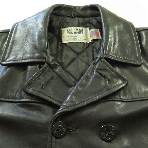 Vintage 80s Schott 740n Leather Pea Jacket Mens 42 Navy Double Breasted