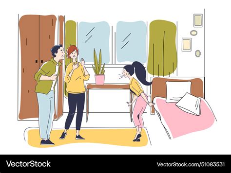 Three animated characters in a bedroom setting Vector Image