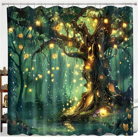 Enchanting Glowing Tree Shower Curtain Magical Forest Scene Bathroom