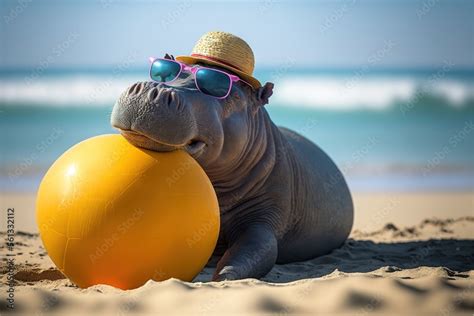 A Hippo Laying On The Beach With A Ball In Its Mouth And Wearing A Hat