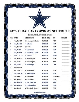 Printable 2020-2021 Dallas Cowboys Schedule