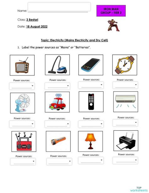 Mains Electricity And Dry Cell Iron Man Interactive Worksheet