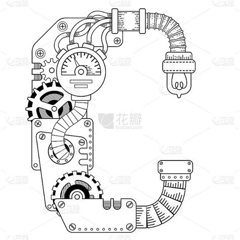 矢量蒸汽朋克着色书的成年人。机械字母字母表由金属齿轮和各种细节上的白色背景。大写字母c