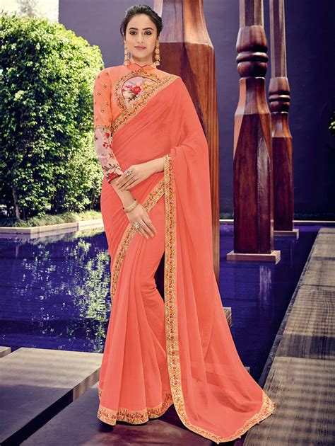 Peach Chiffon Plain Saree With Designer Blouse Chiffon Saree Party