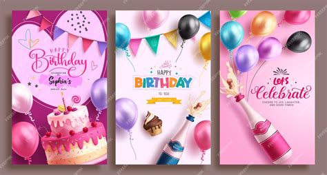 Premium Vector Happy Birthday Greeting Vector Poster Set Template Birthday Invitation Card