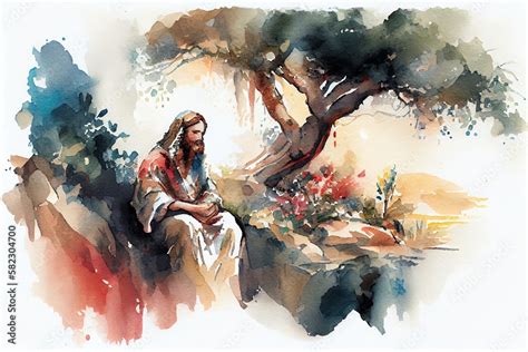 Watercolor Illustration of a Jesus Christ Praying In The Garden Of ...