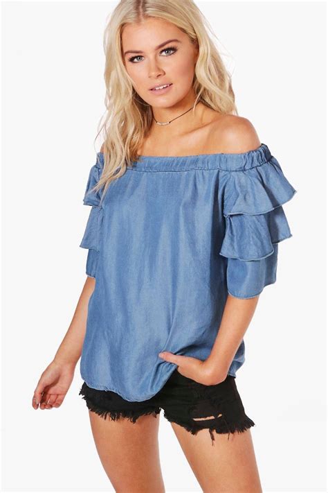 Katie Ruffle Denim Off The Shoulder Top Boohoo Denim Fashion Women