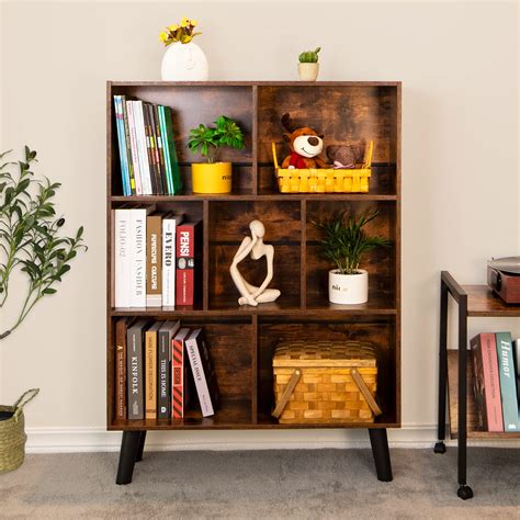 Cube Bookshelf 3 Tier Mid Century Modern Bookcase With Legs Retro Wood