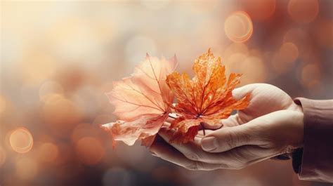 Premium Ai Image Hand Holding Frosty Autumn Leaves On Bokeh Background