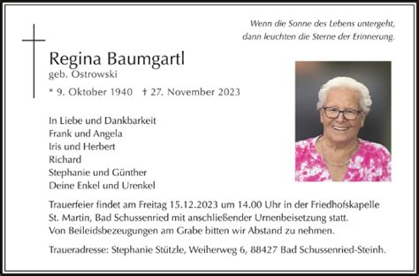 Traueranzeigen Von Regina Baumgartl Schwaebische De Trauerportal