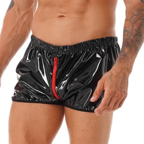 Mens Wetlook Patent Leather Panties Lingerie Elastic Waistband Zipper