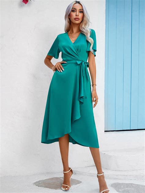 Shein Privé Solid Wrap Knot Side Dress Shein Usa