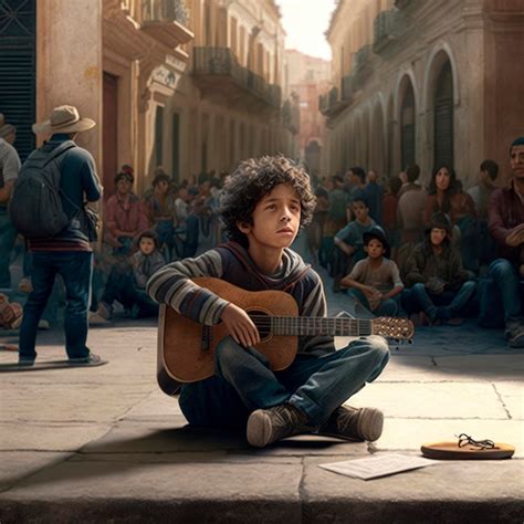 Chico latino melancólico toca la guitarra en la plaza de la ciudad