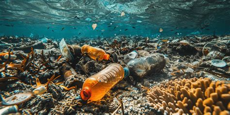 Underwater View Of Plastic Pollution Among Coral Reefs Background