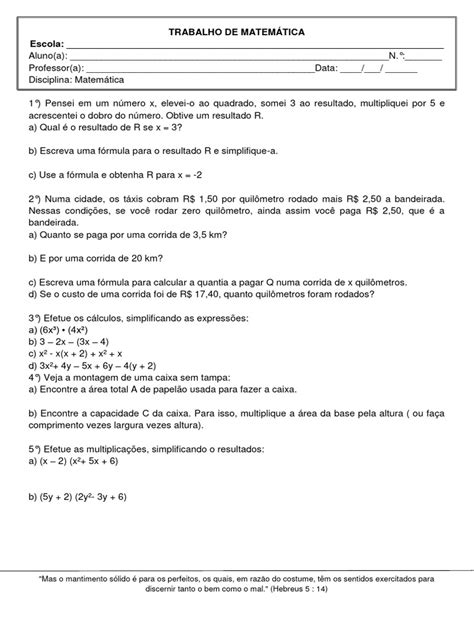 Trabalho De MatemÁtica 8° Ano Pdf