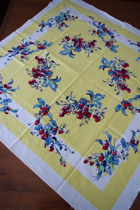 Vintage 1950s Printed Yellow And White With Strawberries Tablecloth