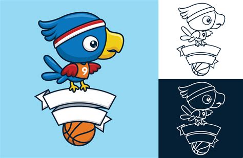 Cute bird the basketball player on ribbon decoration. Vector cartoon ...