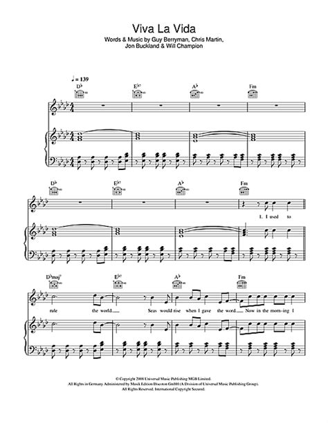 Coldplay Viva La Vida Sheet Music Download Printable Pdf Notes Sheet