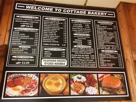 Menu at The Cottage Bakery, Blackpool, 85 Waterloo Rd