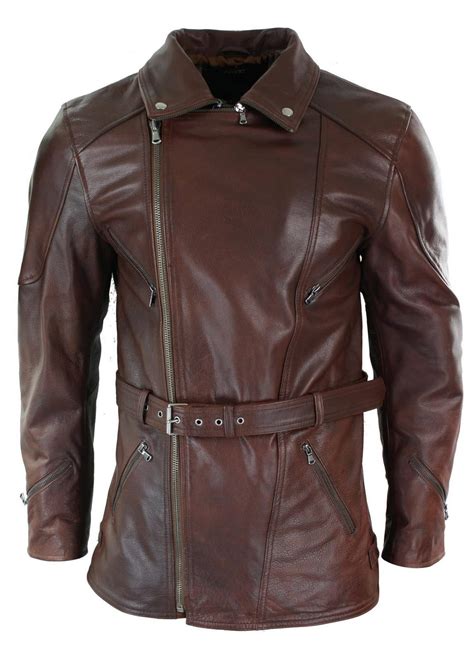 Mens Cross Zip Belted Timber Brown 3 4 Motorcycle Biker Long Leather