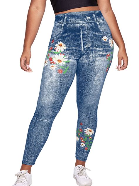 Frontwalk Women Plus Size Leggings High Waist Fake Jeans Tummy Control Oversized Faux Denim Pant