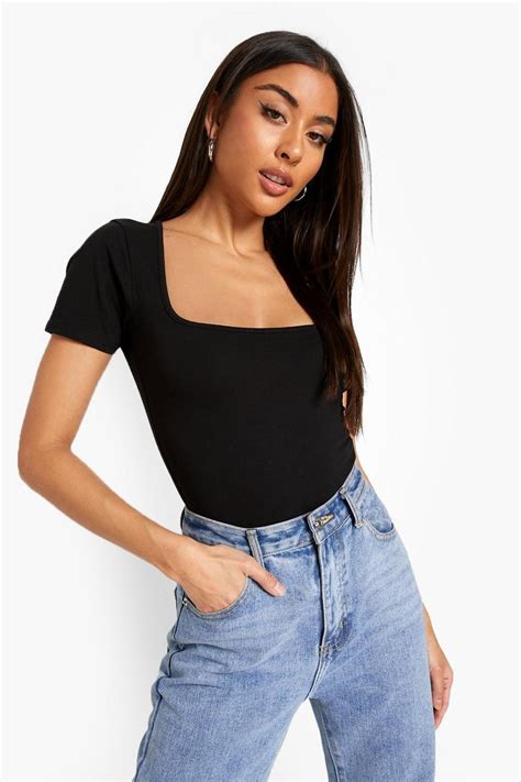 Black Basic Short Sleeve Square Neck Bodysuit Boohoo Uk