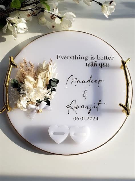 White Floral Ring Tray Wedding Tray Real Dried Flowers Wedding Tray