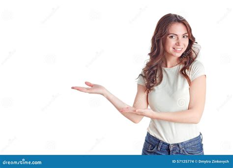 Smiling Girl Showing Aside Stock Photo Image Of Happy 57125774