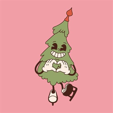 Retro Christmas Tree Character 40s 50s 60s Old Animation Style