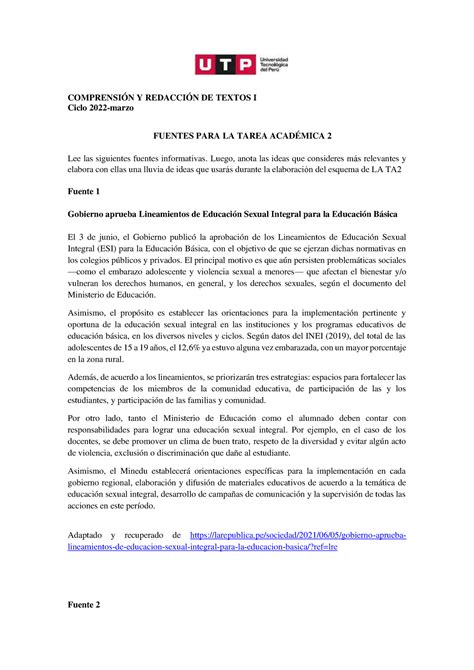 Fuentes para la Tarea Académica 02 COMPRENSIÓN Y REDACCIÓN DE TEXTOS