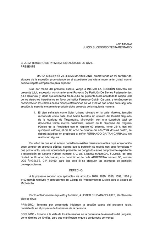 Inicio Cuarta Seccion EXP 55 JUICIO SUCESORIO TESTAMENTARIO C JUEZ