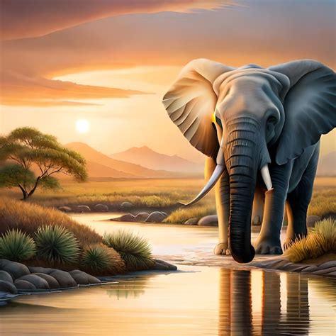 Premium Photo | A painting of an elephant in a river with a sunset in ...