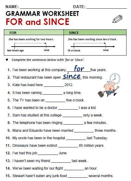 Since Or For Grammar Worksheet Grammar Worksheets English Grammar