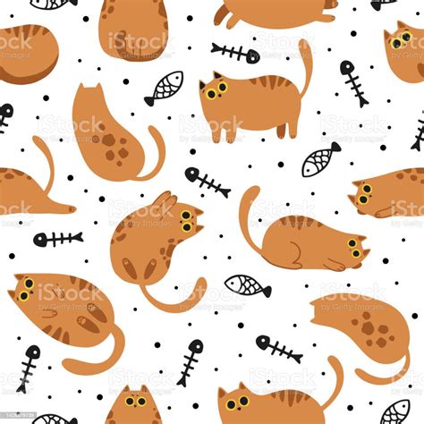 Cute Cartoon Cat Vector Icons Seamless Pattern And Background Stock