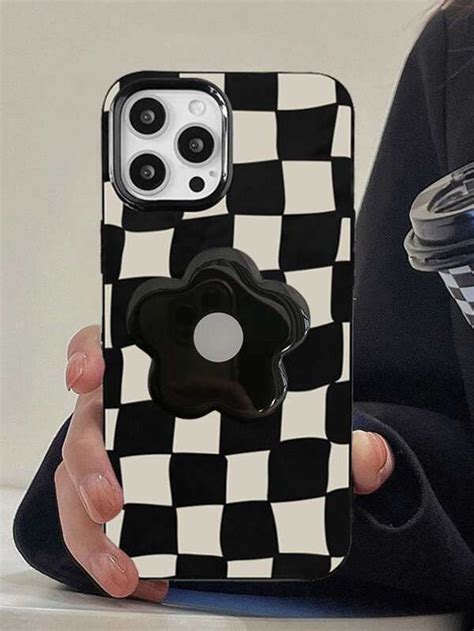 Checkered Phone Case With Flower Pop Out Phone Grip Compatible With