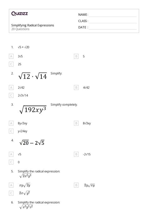 50 Radical Expressions Worksheets For 10th Grade On Quizizz Free