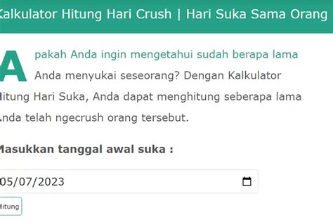 Klik Kalkulator Ngecrushin Si Doi Hitung Sudah Berapa Hari Suka Sama