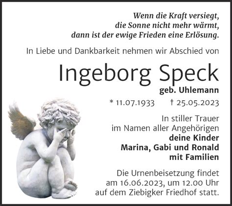 Traueranzeigen Von Ingeborg Speck Abschied Nehmen De