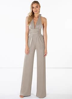 Azazie Oli Stretch Satin Jumpsuit Silver Bridesmaid Dresses Azazie