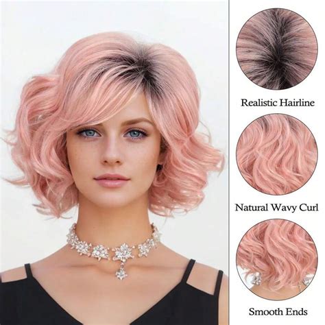 Pink Synthetic Wigs Short Wavy Curly For Women And Girls Party High